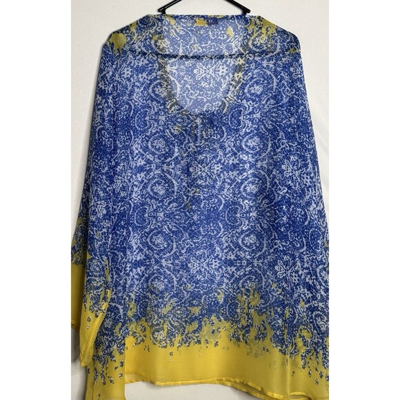 Soft Surroundings Beaded Tunic Top L Blue Yellow Sheer Tie Front Shirt Blouse - Picture 5 of 5